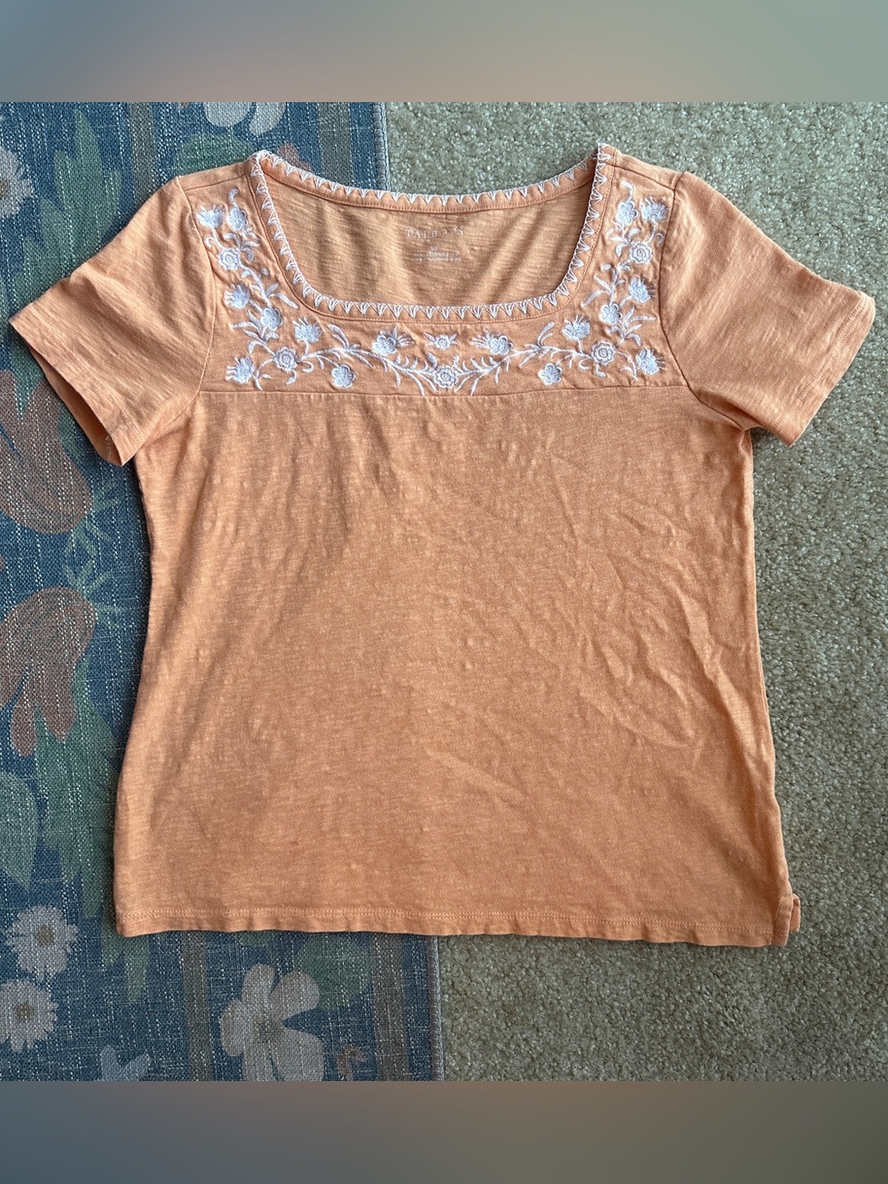 Talbots Peach Embroidered Square-Neck Short Sleeve Tee
